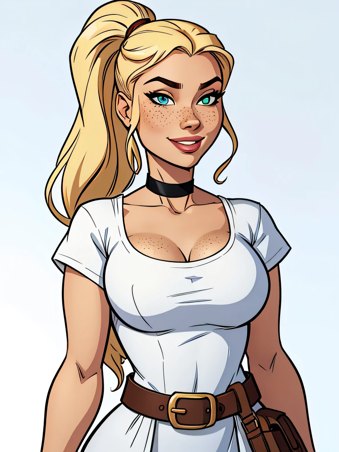Thin woman, age 25, 4K (High definition), beautiful smiling, seducing gaze, greeneyes, wearing a dress in the peasant style (gris) with a boat neck and short sleeves, choker on the neck, brown belt, Caucasian skin, long blonde hair with a ponytail, standing (upper body), full of curves with freckles across her chest and neck, big natural round breasts. Marvel style high quality, white background.