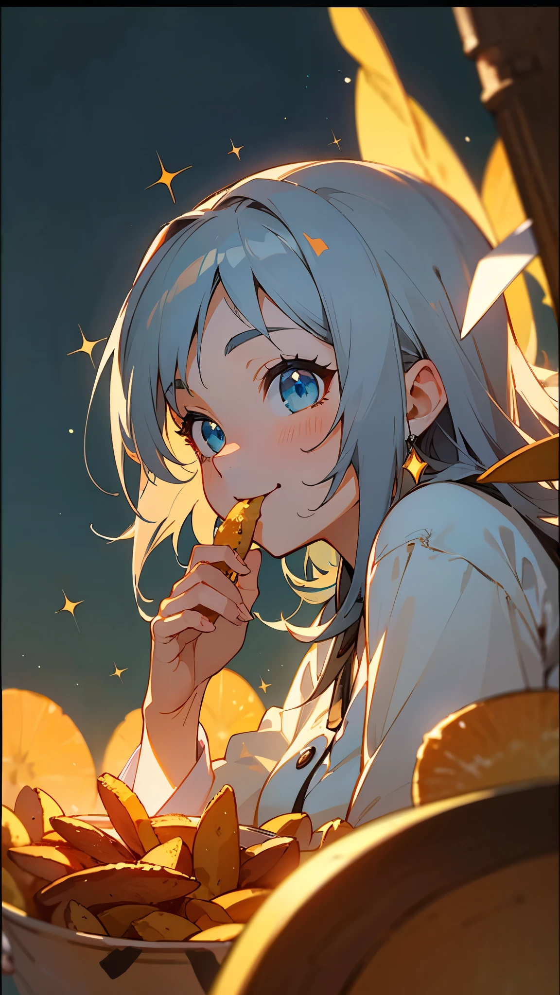 1 Girl、solo、Anime style painting、Upper body close-up、smile、From the side, impression, (Oil), Green and orange tones、Silver Hair, (Sparkling Blue Eyes)、Delicate contours、Park under the moonlight、Background Blur, The depth of the drawn border、Eating potato fries、delicious
