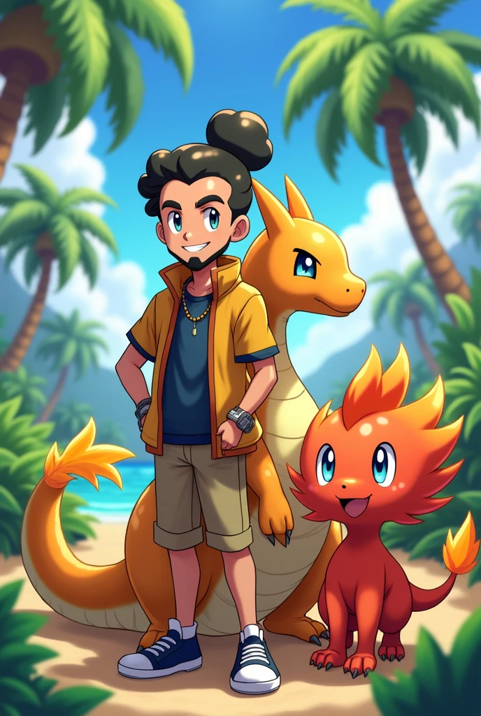 draw a Latin Pokemon trainer with a bun and curly hair, scraped on the side, with beard, ao lado do pokemon  shiny dragonite, do pokemon blaziken