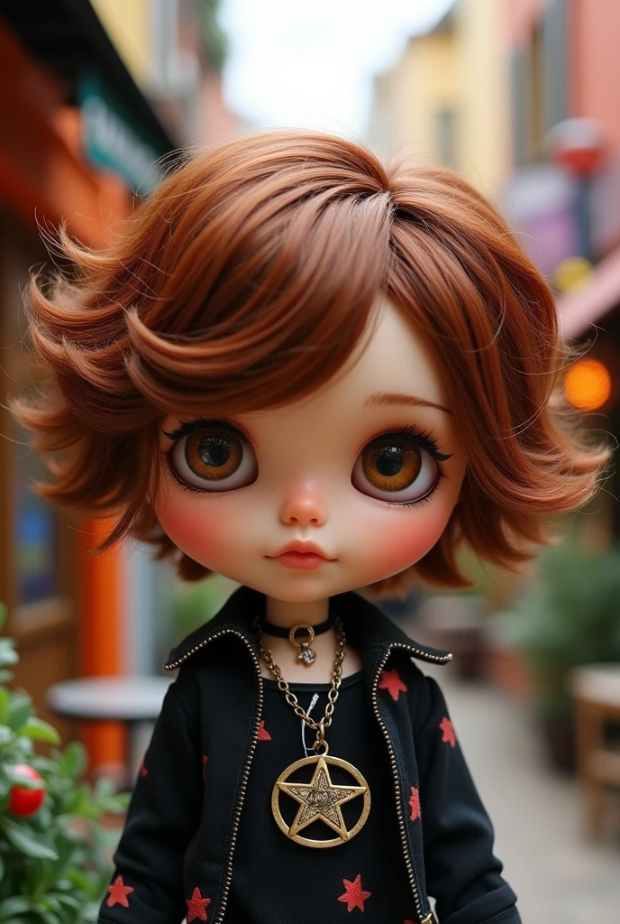 Blythe doll boy brown-copper hair, brown eyes, wavy hair,  pentagram necklace, black shirt
