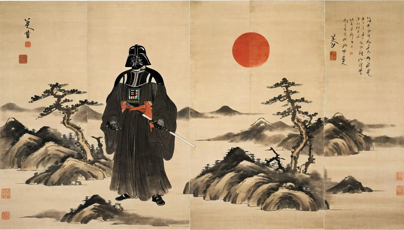 masterpiece,Tarz Vader、Japanese paintings drawn with ink and water,(Beautiful gradation created by layering),(Tarashikomi technique),(dynamic)、Ink Painting、Ukiyo-e、Chinese character、Faded