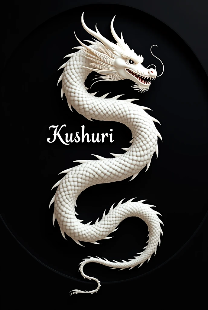 white japanese dragon facing right on a black circle, logo, size 128x128, "Kushuri" Written on the bottom of the circle