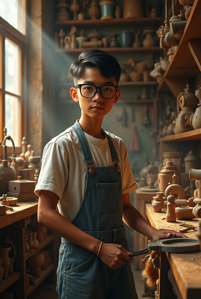 Create a photo of a young man with slanted eyes, yellow skin, black hair, and glasses, with various functions.,mechanic,carpenter,A famous handyman, nicknamed 'Pedreiro', is being exploited by his father while wearing black-framed glasses with clear lenses. He's skilled at making a thousand knick-knacks.