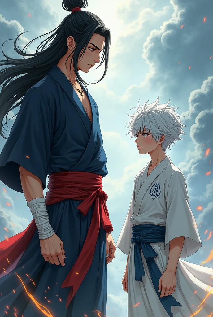 Make a 1m tall young man.98 with long samurai-style black hair, He should wear a tunic with a red belt and bandages on his hands., and winged make a young man of 1 height.78 with short white-haired hairstyle, wielding elemental powers, wearing a white anime-style tunic