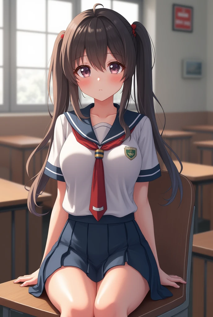 (One Girl), cute, (Very detailedBeautiful Face), Great face and eyes, (Highest quality:1.4), (Very detailed), (Very detailed CG 統合 8k 壁紙), Very detailed, High resolution raw color photos, Professional photography, Realistic portraits, Twin tails, (High School Uniform, Pleated mini skirt:1.3), (High School Uniform with wide open breasts:1.2), Sitting, (Spread your legs), Camel Toe, Depth of written boundary, School, classroom, (Beautiful Face:1.2), (From below:1.2), (nsfw:1.5), (Topless:1.5)