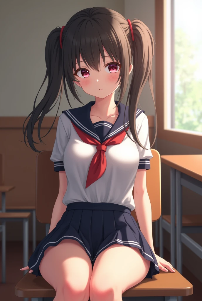 (One Girl), cute, (Very detailedBeautiful Face), Great face and eyes, (Highest quality:1.4), (Very detailed), (Very detailed CG 統合 8k 壁紙), Very detailed, High resolution raw color photos, Professional photography, Realistic portraits, Twin tails, (High School Uniform, Pleated mini skirt:1.3), (High School Uniform with wide open breasts:1.2), Sitting, (Spread your legs), Camel Toe, Depth of written boundary, School, classroom, (Beautiful Face:1.2), (From below:1.2), (nsfw:1.5), (Topless:1.5)