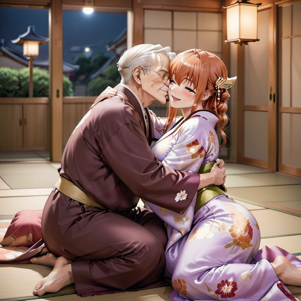 ((Highest quality)), ((masterpiece)), (detailed), （Perfect Face）、The woman is Maya Cordelia, with medium-long orange hair, a gorgeous and glittering kimono, her hair tied in a Japanese style, and an engagement ring.、The woman is lying next to an elderly man on the futon in the tatami room at night.、The woman is hugging and kissing an elderly man, looking happy and in love、The old man is wearing an engagement ring