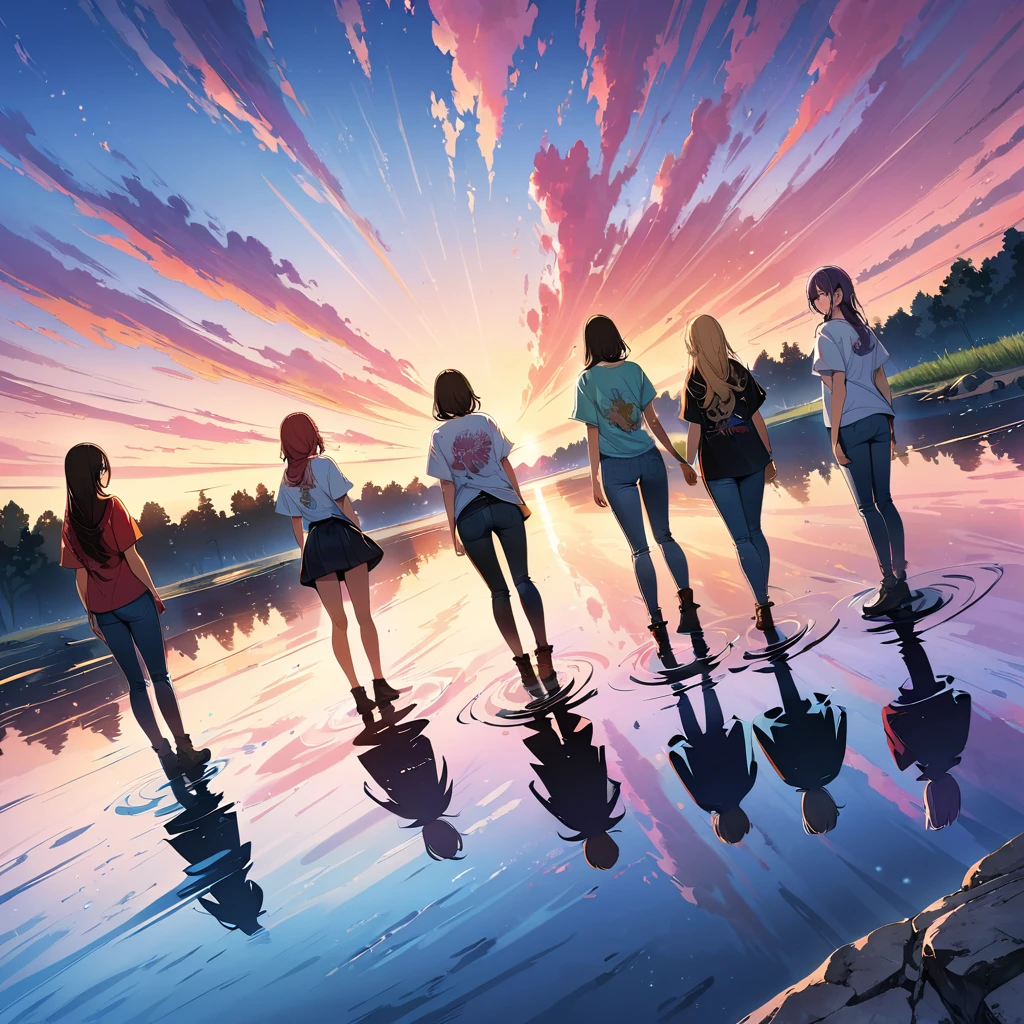 official art, unified 8k wallpaper, super detailed, masterpiece, Best image quality，super wide angle，evening，(Five girls are standing side by side:1)，t-shirt and jeans, rock stars, Standing in the pond，water is like a mirror，reflecting the sky。look up to the sky，Colorful sunset，Dynamic angle, grace, bright colors, from behind
