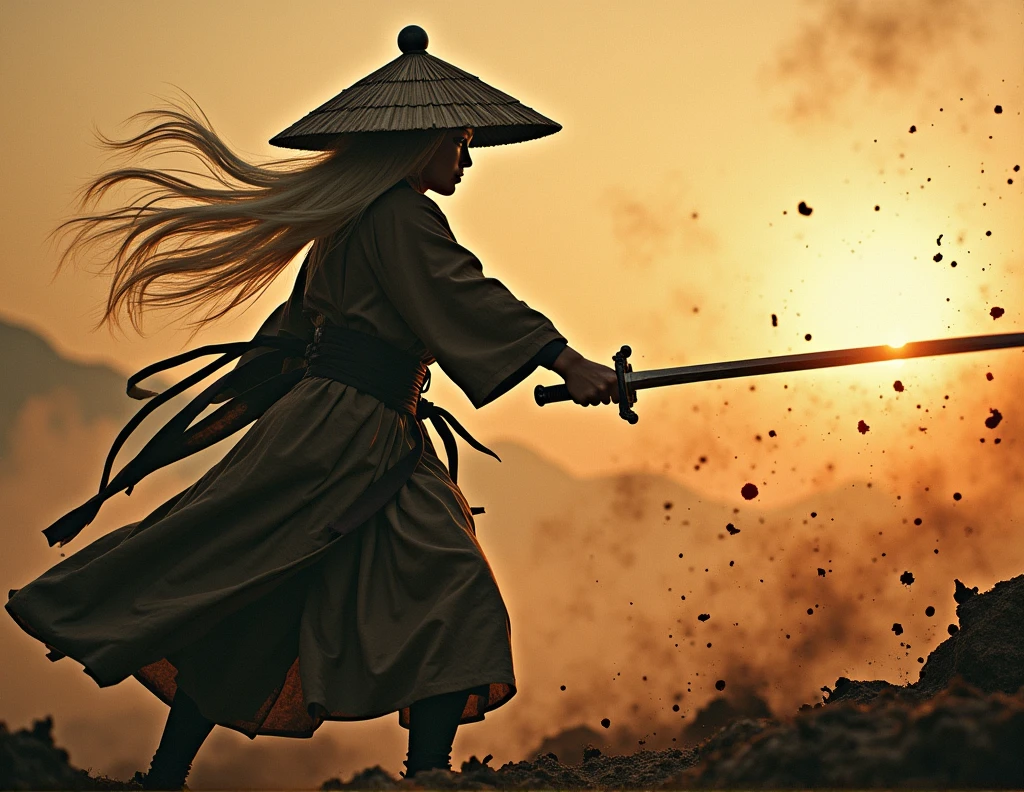upper body closeup shot, old grainy analog photo, bad image quality, heavy film grain, Sepia, washed Out colors, monochrome with low key color spots, Create an action scene featuring a female desolate outworn wired mechanical buxom ninja in a broad outworn sedge hat, standing in the midst of an nightly bloody Battlefield in feudal Japan. Long White Hair, She is executing a powerful colorful sword slash strike that carves a furrow through the bloody warfare on the ground, scattering them away or disintegrating them with the force of the blow. Splashes of liquid and Mist, The ninja's stance is calm and cool, with only his silhouette visible against the backdrop of the setting sun, which shines through parts of his old desolate metallic body. His billowing Linen cape adding to the dramatic effect. The scene is vibrant with atmospheric lighting and cinematic composition.