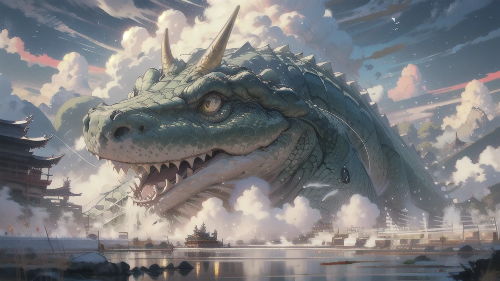 BJ_Sacgreen_bEast,green_eye,Outdoor,Horn,null,cloud,no_human,bird,cloudy_null,scenery,stage,Fantasy,Crocodile,architecture,East_Asian_architecture,Eastern_crocodile,Cinema Lighting,Strong contrast,High level of detail,Highest quality,masterpiece,