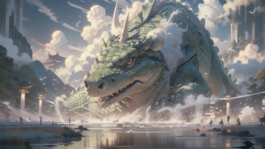BJ_Sacgreen_bEast,green_eye,Outdoor,Horn,null,cloud,no_human,bird,cloudy_null,scenery,stage,Fantasy,Crocodile,architecture,East_Asian_architecture,Eastern_crocodile,Cinema Lighting,Strong contrast,High level of detail,Highest quality,masterpiece,