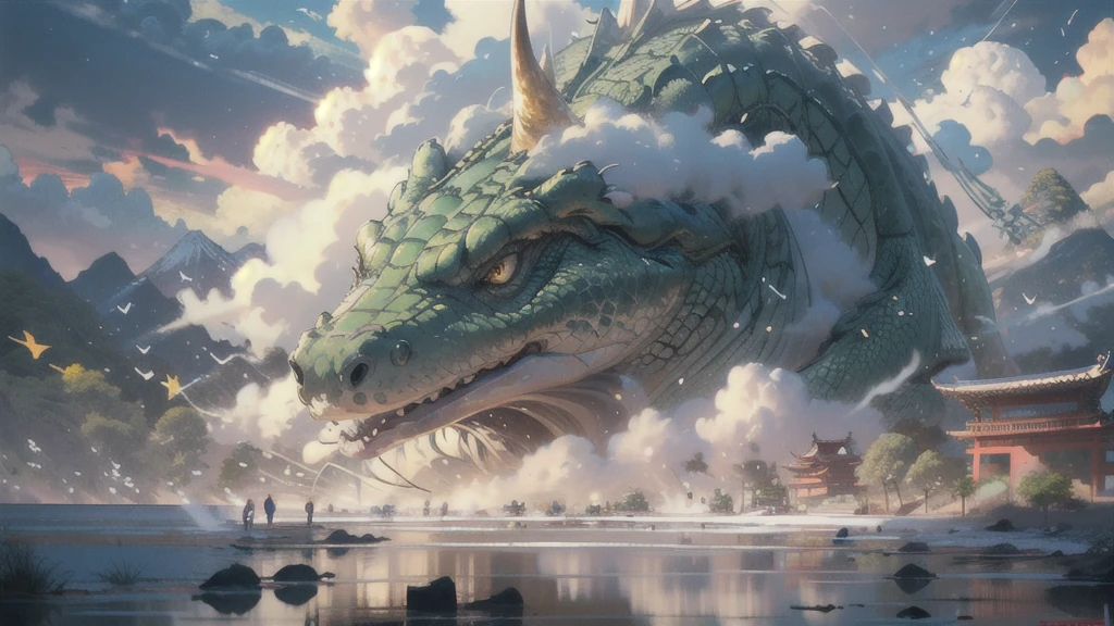 BJ_Sacgreen_bEast,green_eye,Outdoor,Horn,null,cloud,no_human,bird,cloudy_null,scenery,stage,Fantasy,Crocodile,architecture,East_Asian_architecture,Eastern_crocodile,Cinema Lighting,Strong contrast,High level of detail,Highest quality,masterpiece,