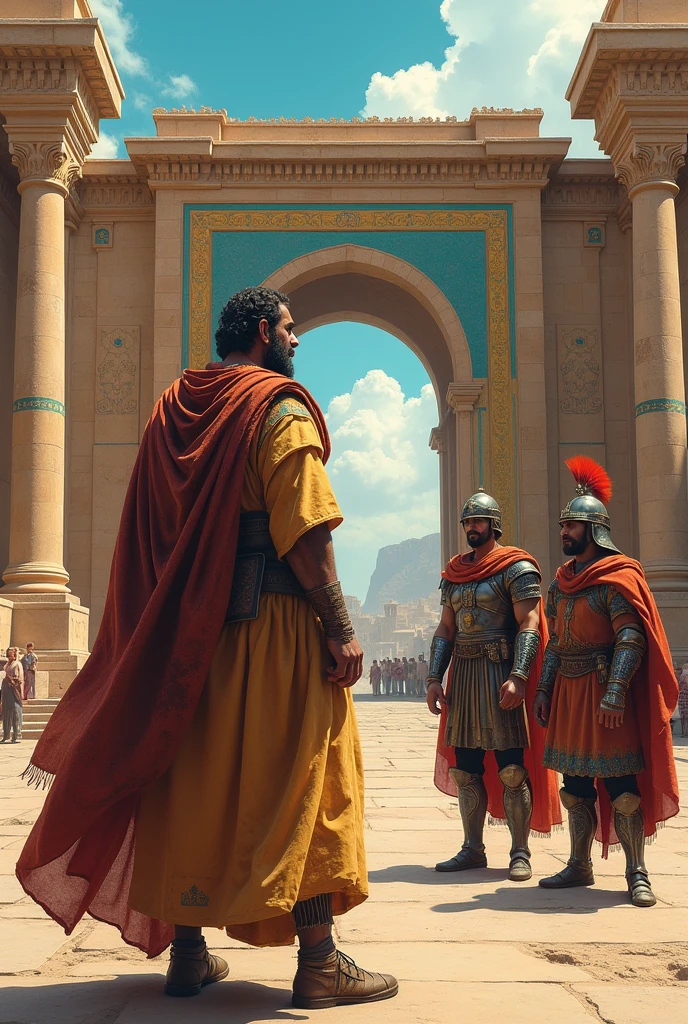 Create for me an image of a Hebrew man in front of the Persian palace gate and two Persian soldiers talking in the background