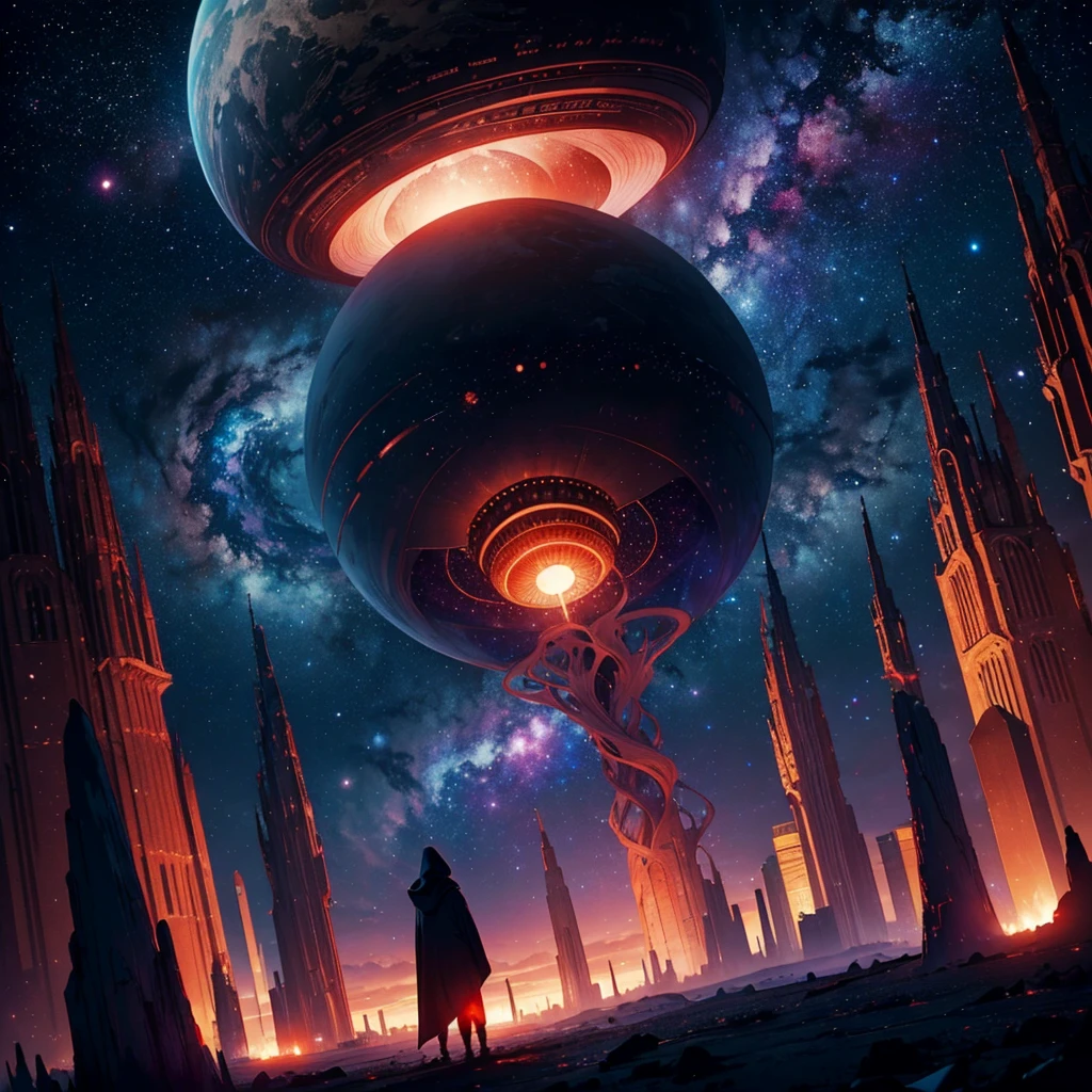 mysterious, hooded cosmic figure, standing in the depths of space with a celestial background of stars and galaxies. The figure's face is an infinite void filled with stars, representing the universe itself. It holds a glowing, mystical orb in its hands, symbolizing the power and mystery of the cosmos. The scene is bathed in dark, otherworldly colors with hints of red and white light, creating a sense of awe and reverence. The surrounding environment includes towering structures, possibly alien or ancient, and the overall atmosphere evokes the presence of a powerful observer of the universe.