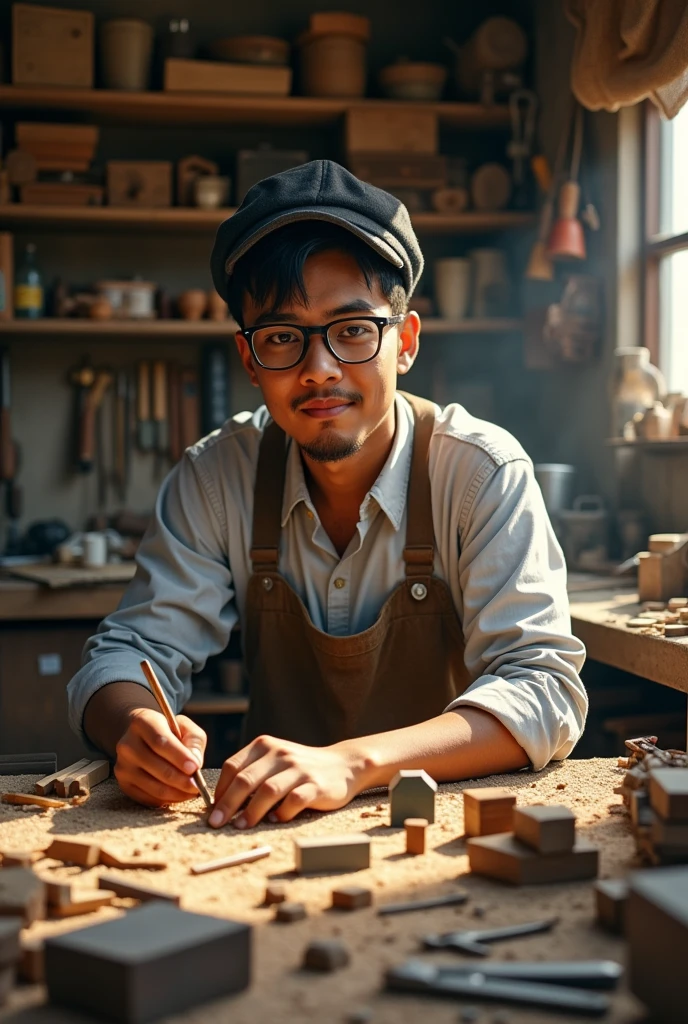 Create a photo of a young man with slanted eyes, yellow skin, black hair, and glasses, with various functions.,mechanic,carpenter,A famous handyman, nicknamed 'Pedreiro', is being exploited by his father while wearing black-framed glasses with clear lenses. He's skilled at making a thousand knick-knacks.