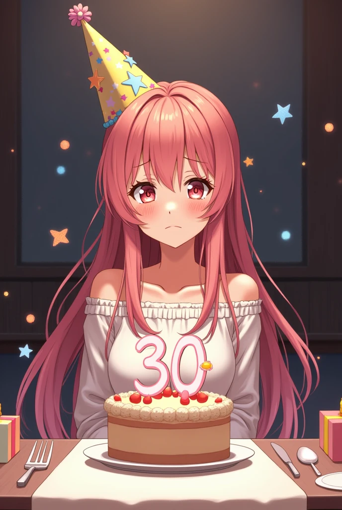 Anime girl age 30 happy birthday area is very serious it's not smiling he is eyes is very tired and he is smile rudely but he is blushing