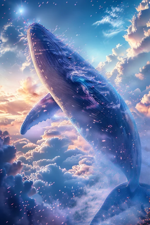 There is a whale flying in the air+, 4k highly detailed digital art, Surreal 3D illustration, Super real、Highly detailed 8K, 3D rendering of beeple, 4k HD wallpaper very detailed, Beautiful digital art work, 8K high-quality detailed art, Movie Honeycomb, 8K highly detailed art