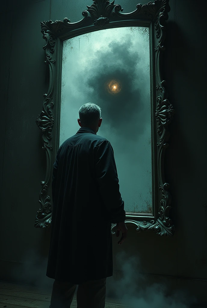 
A man standing in front of an old, clouded mirror, with a terrified expression on his face. The reflection in the mirror is a dark cloud that seems to be moving, with undefined contours that suggest an evil presence. The cloud is emerging from the mirror, as if about to engulf the man. 