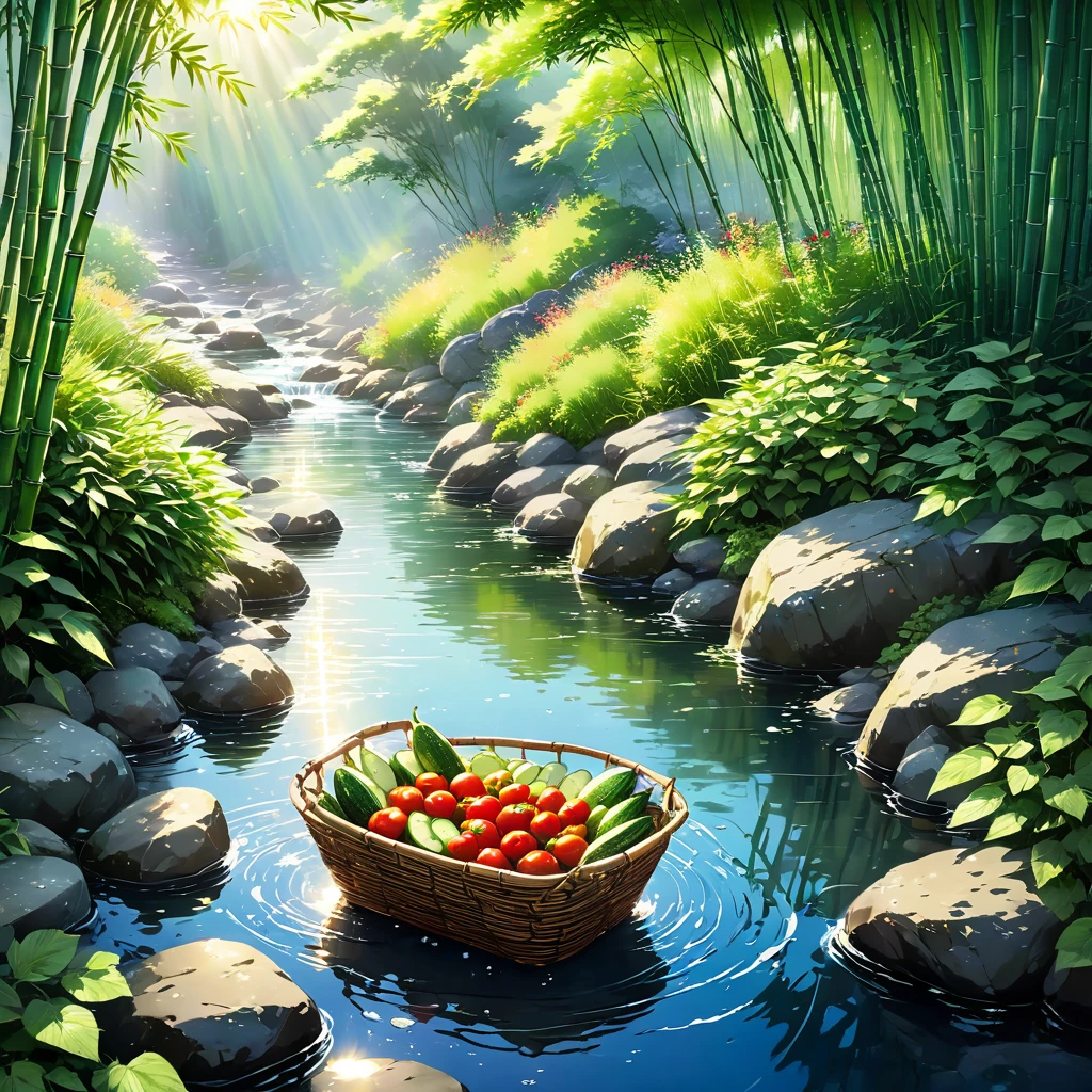 Sunlight filters through the trees onto a gently flowing stream, dappling the surface with shimmering light. A rustic bamboo basket, nestled amongst the rocks, holds a few plump tomatoes and crisp cucumbers, their vibrant colors contrasting beautifully with the smooth, grey stones. The cool, clear water rushes over the vegetables, carrying with it the essence of a perfect summer day. beautiful anime scenery, landscape painting, beautiful digital painting, andreas rocha, illustration of beautiful artwork, amazing wallpaper, raymond swanland, tall beautiful painting, studio ghibli makoto shinkai, beautiful wallpaper, anime scenery refreshing, nostalgic, summer, japan, nature, no humans simple, minimalist