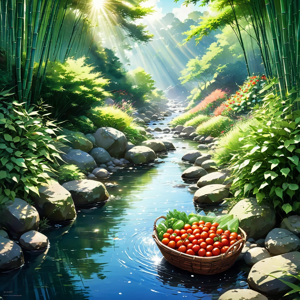 Sunlight filters through the trees onto a gently flowing stream, dappling the surface with shimmering light. A rustic bamboo basket, nestled amongst the rocks, holds a few plump tomatoes and crisp cucumbers, their vibrant colors contrasting beautifully with the smooth, grey stones. The cool, clear water rushes over the vegetables, carrying with it the essence of a perfect summer day. beautiful anime scenery, landscape painting, beautiful digital painting, andreas rocha, illustration of beautiful artwork, amazing wallpaper, raymond swanland, tall beautiful painting, studio ghibli makoto shinkai, beautiful wallpaper, anime scenery refreshing, nostalgic, summer, japan, nature, no humans simple, minimalist