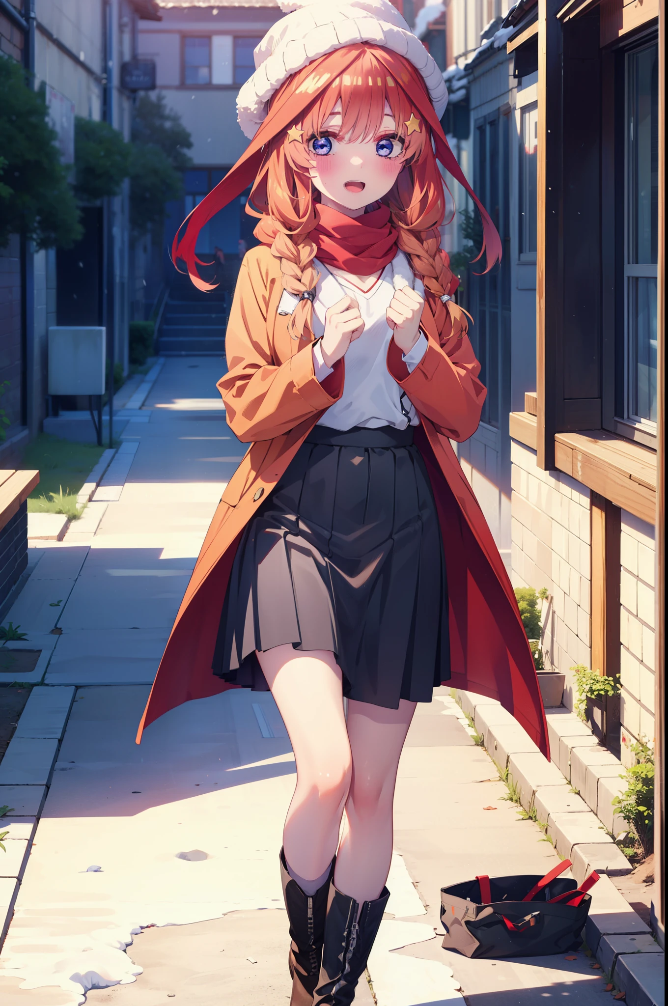 itsukinakano, Itsuki Nakano, bangs, blue eyes, Hair between the eyes, Ahoge, Redhead, star \(symbol\), hair ornaments, star hair ornaments,smile,Open your mouth,White Breath,blush,Long, thick braids,Knitted hat,White scarf,Red long coat,V-neck sweater,Black long skirt,Red pantyhose,short boots,snowが降っている,snowが積もっている,snow,snow,snow,snow,Walking,whole bodyがイラストに入るように,night,
break outdoors,Residential Street,
break looking at viewer, whole body,
break (masterpiece:1.2), Highest quality, High resolution, unity 8k wallpaper, (figure:0.8), (Beautiful attention to detail:1.6), Highly detailed face, Perfect lighting, Highly detailed CG, (Perfect hands, Perfect Anatomy),