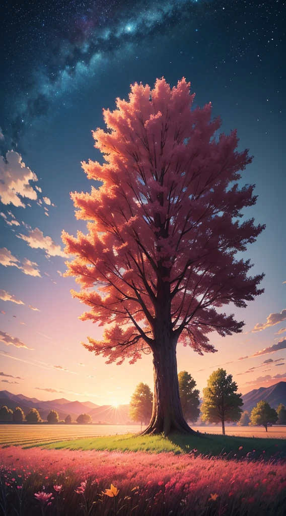 Anime style, colourful field and a tree, a beautiful sky,dawn,stars, clouds,8k ultra HD, flowers, falling leaves 