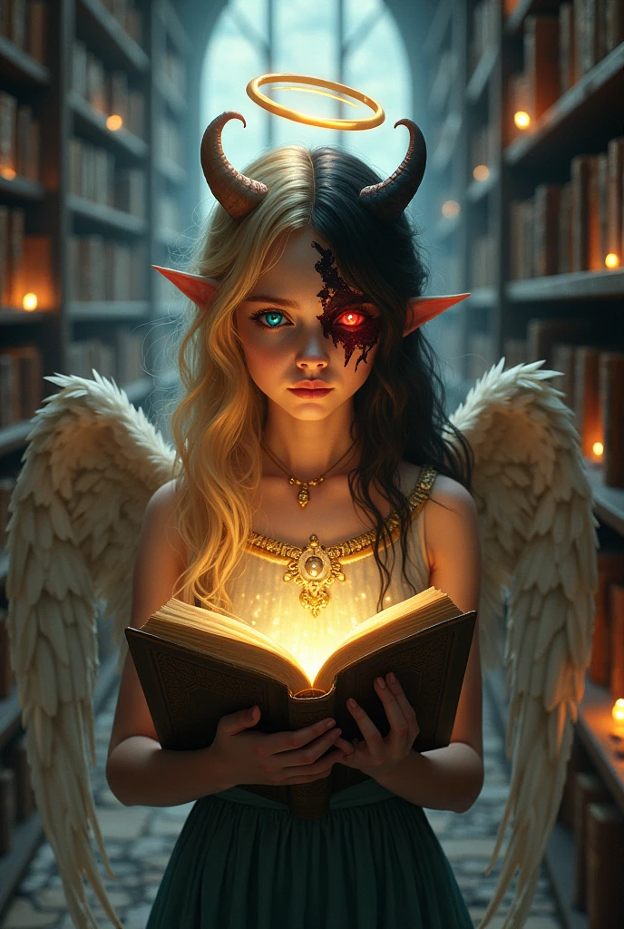 Half angel, half demon girl holding a book