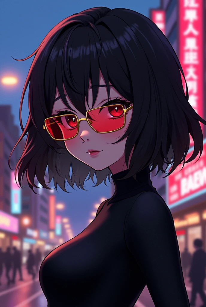 make an anime character with black hair, eyes browns, medium length hair with side bangs, wearing gold and red square glasses, with a black second skin shirt and piercings in the lower lip and one in the septum.