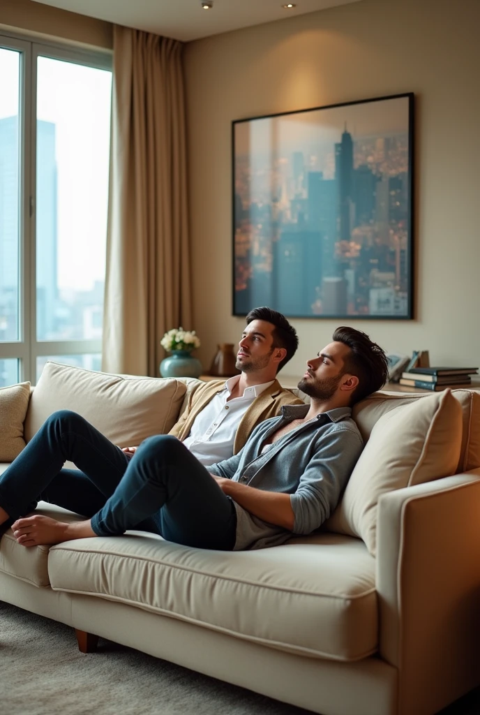 Please draw a picture of a handsome guy with black hair slicked back and a handsome guy with brown hair parted in the center who seem to be good friends with each other.。The location should be on a sofa placed alone in the middle of a large room in a luxury apartment.。