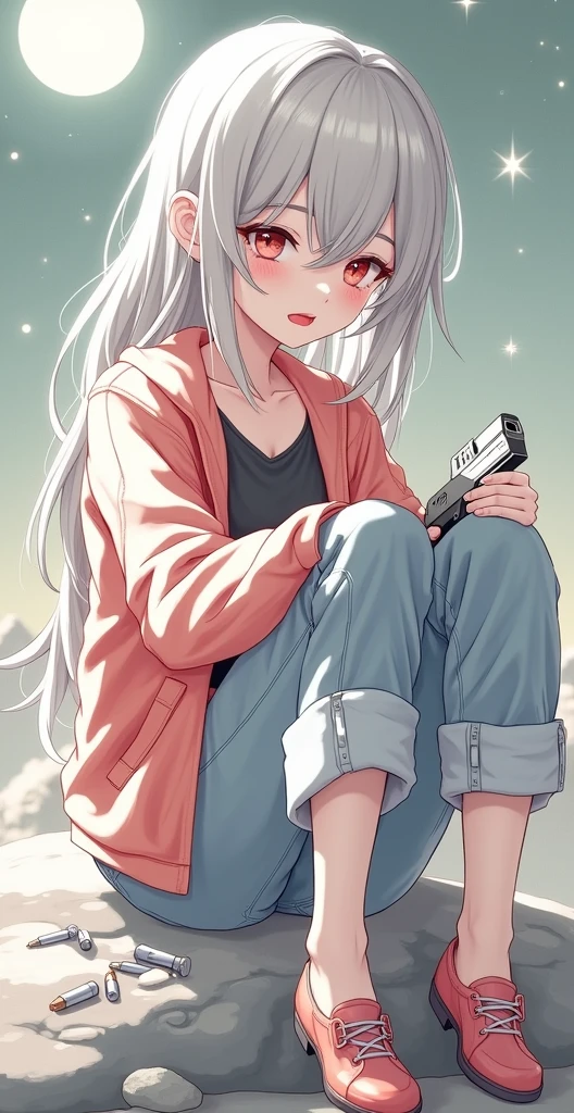 (Sci-fi fantasy), (Masterpiece), (professional oil painting) (best quality), (8k resolution), (1 beautiful girl), ((pale gray skin)), (iron gray skin), ((jeans clothes)),(red jacket)), ((black t-shirt underneath), ((red lipstick)), ((black sneakers)), (comcept art), small chest, (long hair), (messy hair), (white hair), (iron gray hair), ((with futuristic weapon)), (ammunition), ((moonlight of the night)), (sitting thinking))
