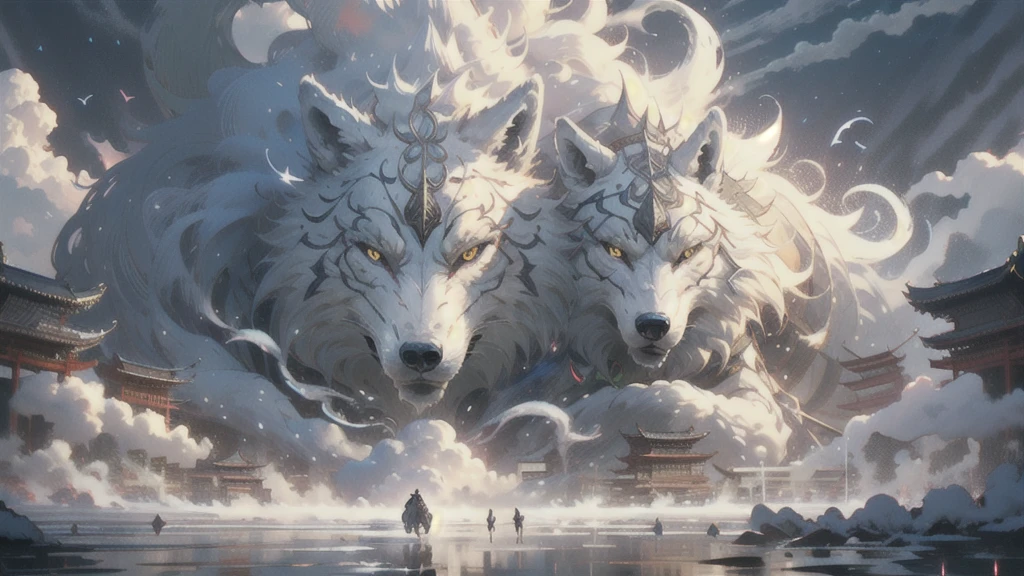 BJ_Sacgreen_bEast,green_eye,Outdoor,Horn,null,cloud,no_human,bird,cloudy_null,scenery,stage,Fantasy,Wolf,architecture,East_Asian_architecture,Eastern_Wolf,Cinema Lighting,Strong contrast,High level of detail,Highest quality,masterpiece,