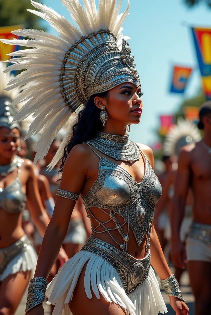 Silver women's samba costume with an African warrior theme
