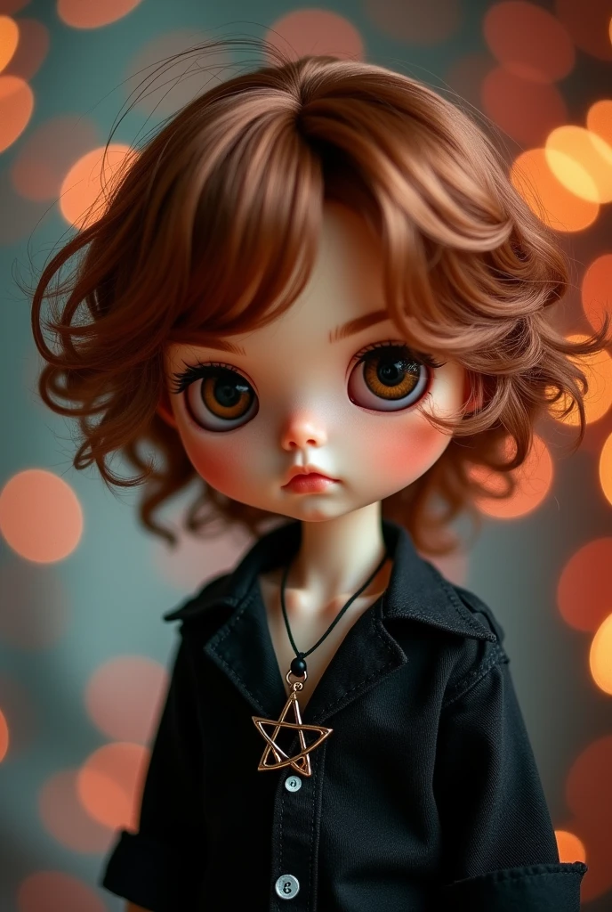 Blythe doll boy brown-copper hair, brown eyes, wavy hair,  pentagram necklace, black shirt, Bangs covering his forehead
