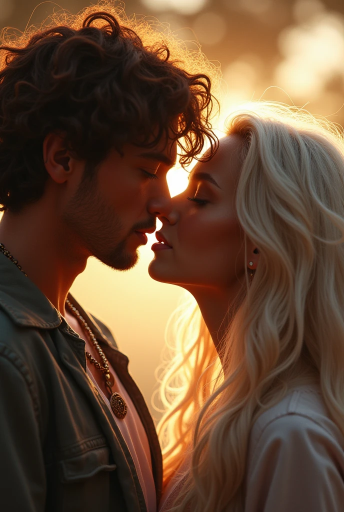 The poster shows Saturn(brown with curly hair) And Neptune (offwhite, of wavy hair) (people) In an intimate moment. In a room with soft, warm lighting, the two are seated facing each other, almost touching lips. Saturn has an unconventional appearance, with large eyes and an expression of vulnerability. His hair is messy and he wears simple clothes, reflecting a reserved personality. Neptune is charming and confident, with well-groomed hair and modern clothes. His expression indicates discovery and involvement. The soft light highlights their expressions and creates a welcoming atmosphere, while the blurred background keeps the focus on the emotional connection between the two.