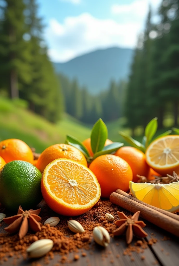 Aromatic, Fresh spicy, Citrus and woody elements in a picture