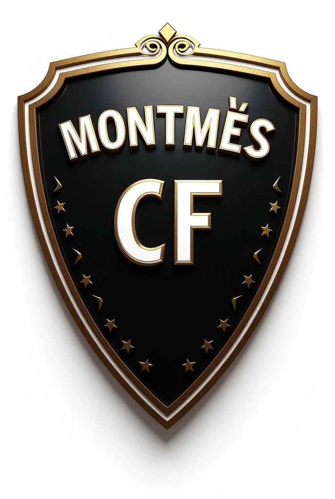 A football shield,The logo is black with white and gold details,it has Montmés CF written on it,the background is white to convert to png