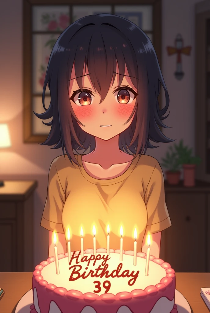 Anime girl age 30 happy birthday area is very serious it's not smiling he is eyes is very tired and he is smile rudely but he is blushing he saying your birthday on 19 August
