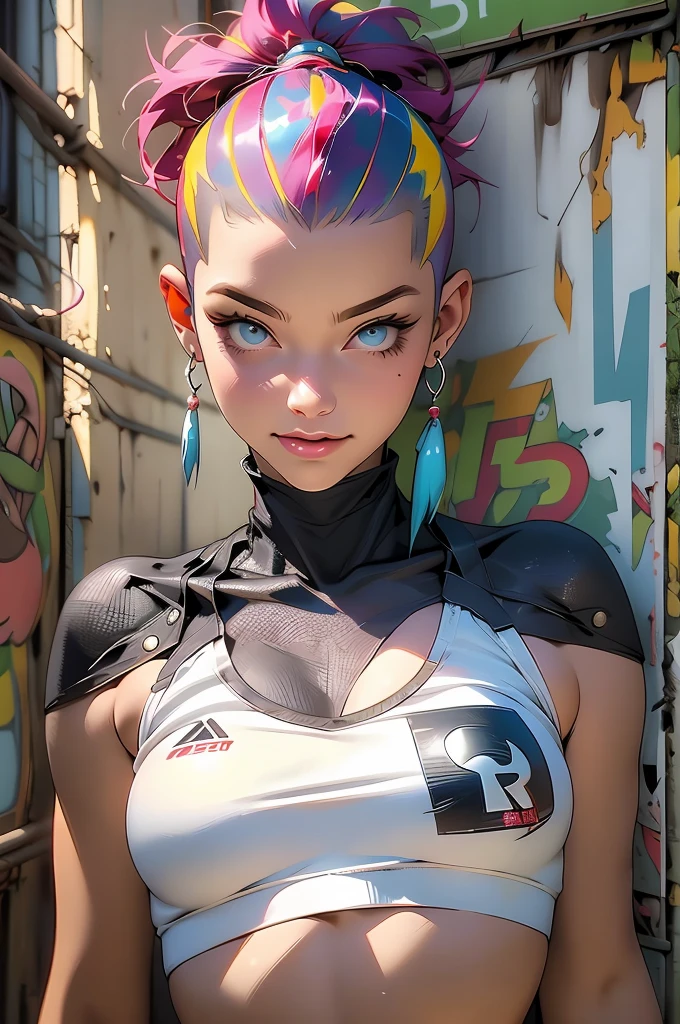 Rex, Rex, ((( fully body ))), master part, best quality, super detaill, 8k, gorgeous woman, Tank Girl com cara de maluca, malicious smile , roupa techno, (((fully body))), colored mohawk hair, Punk Girl, post-apocalyptic world, (( of the tank )), nijistyle, torn and dirty clothes, short mohawk, sides of shaved head, clean face, fully body, underboob