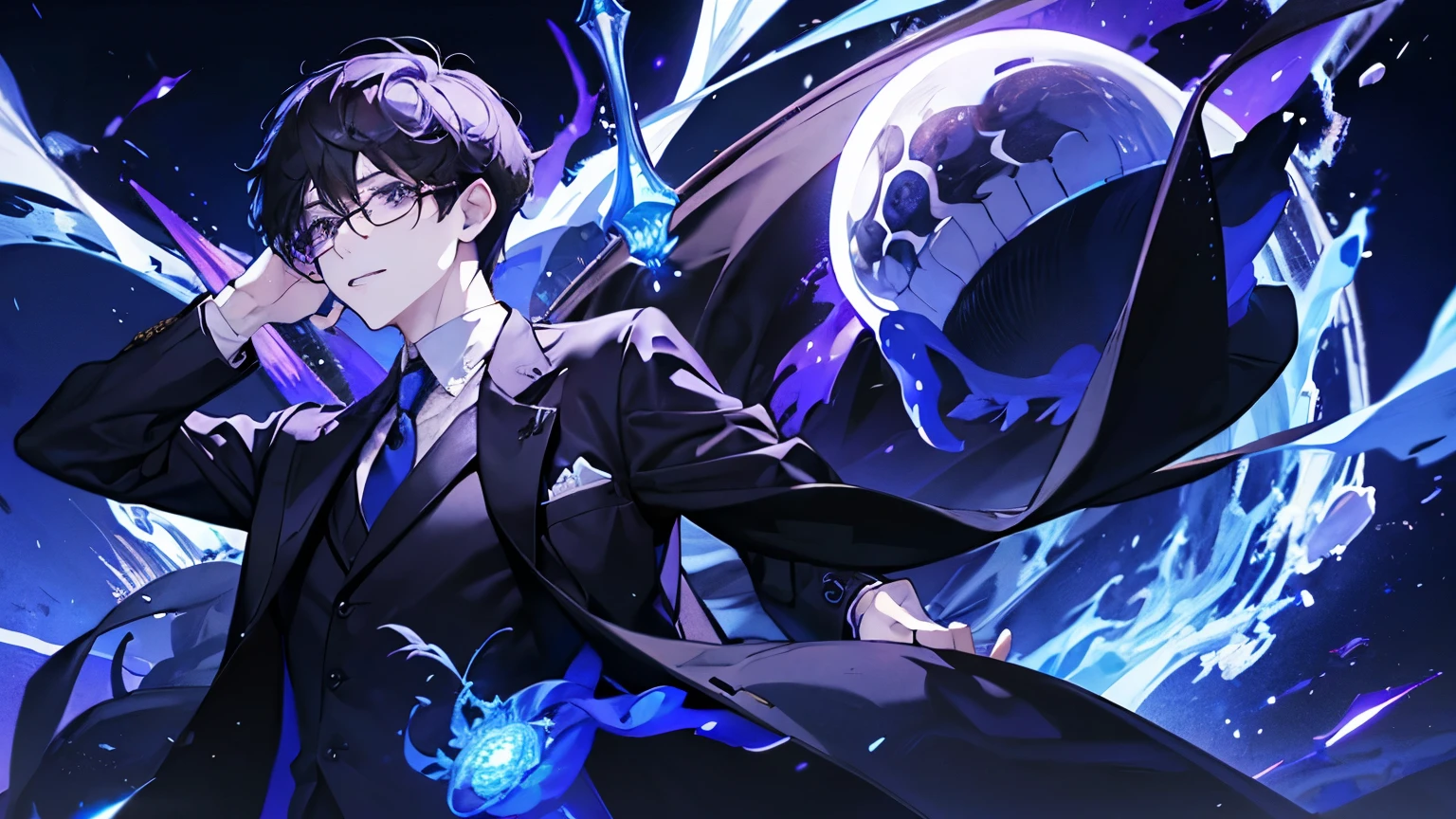 One Man、Rin々Shii、Dark Brown Hair、Short Hair、Purple Eyes、In a suit、Blue tie、The right eye is hidden by bangs、Glasses、ghost