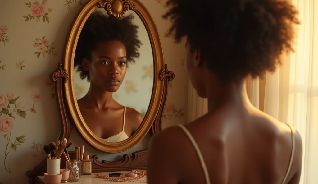 A girl in front of the mirror, admiring her beauty, with a proud or satisfied expression, despite the traces of tears.
Preferably an African girl at least 27 years old