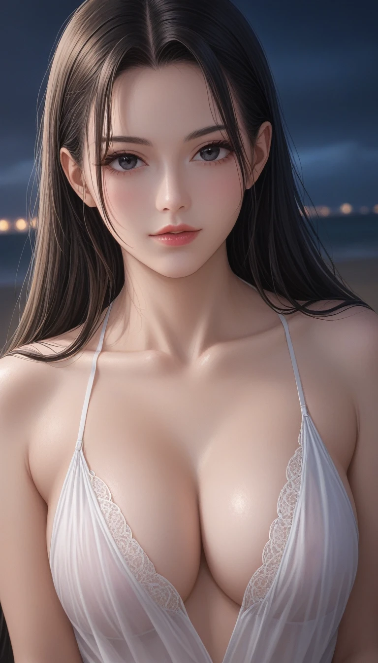 score_9, score_8_superior, score_7_superior, High-resolution CG illustration,A masterpiece in 32K resolution,Highest quality,it is really amazing,Very detailed,Ultra-high resolution,Ultra-realistic,Realistic,Increased depth of field,Cinematic lighting,
Sexy mature Japan woman,
Glossy black hair,Wavy long hair,Showing his forehead,god々Beautiful,Ultra-detailed and beautiful face,Sensual look,Beautiful dark brown, moist eyes,Pitch black eyes,Glowing, moisturized skin,Translucent white skin,born々New skin texture,Great proportions,
White Grecian draped dress,
Wide open chest design,Detailed race decorations,詳細なborn地の質感,
A dark and blurry night background,Dark overcast sky on a dull night,Dark clouds filling the sky,Thundercloud,Coastline at night,Golden reflections on the sea surface,delay々A desolate sandy beach that continues,
Beautiful cleavage,Face close-up,High angle,