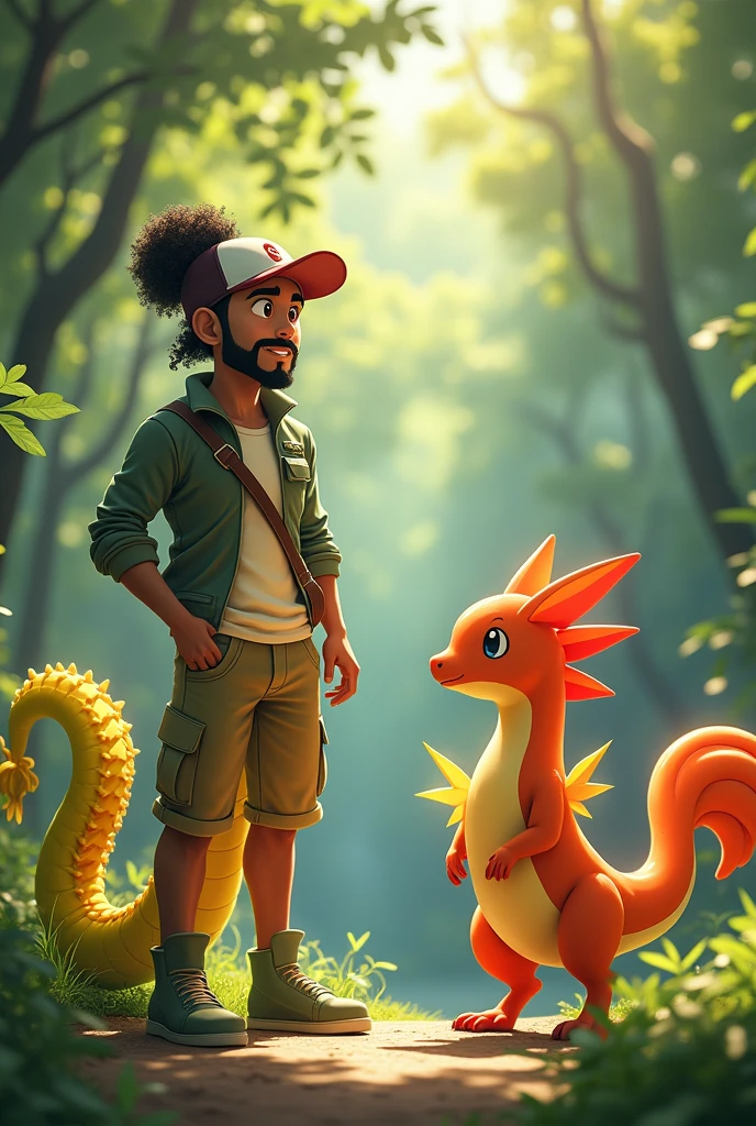 draw a Latin Pokemon trainer with a bun and curly hair, scraped on the side, with beard and mustache, ao lado do pokemon shiny dragonite, do pokemon blaziken
