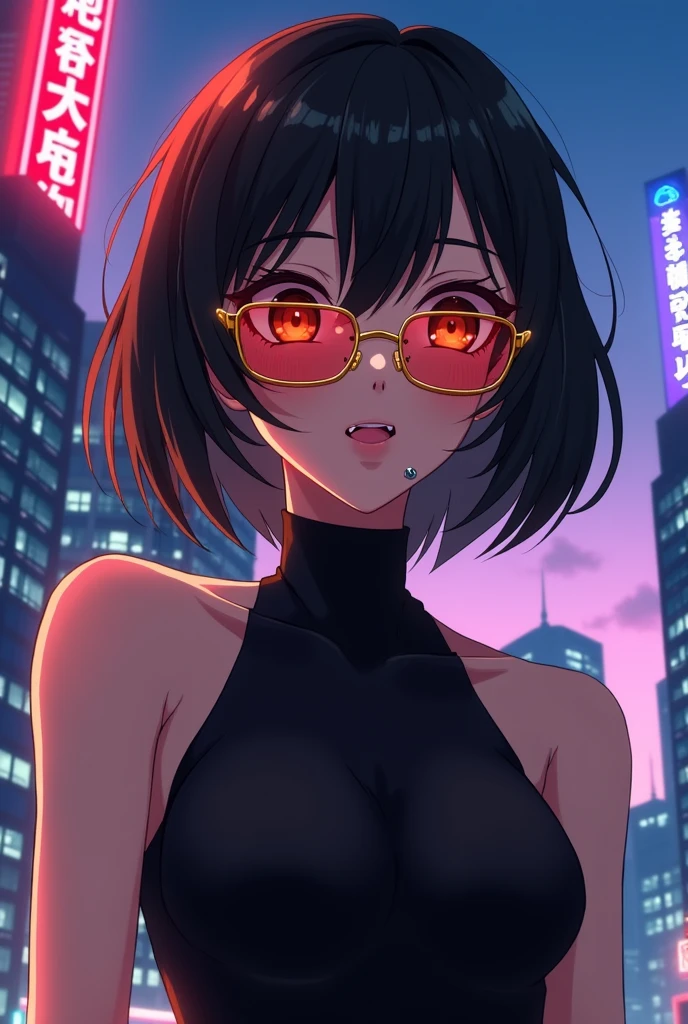 make an anime character with black hair, eyes browns, medium length hair with side bangs, wearing gold and red square glasses, with a black second skin shirt and piercings in the lower lip and one in the septum.