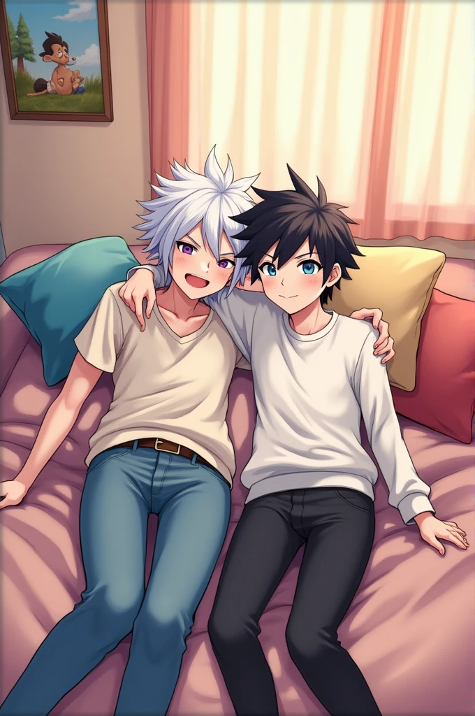 Make two anime boys,one of them with white hair with a black strand that has bangs,The other one with black hair,blue colored eyes,dressed in a white sweatshirt and black leggings on a bed