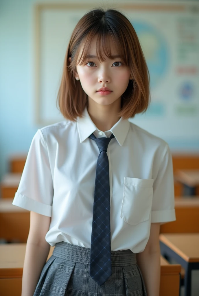 masterpiece, Highest quality, 8k, 20 years old beautiful girl, perfect Face、The clothes are big、photo shoot, Cute Face, Thighs, Bright classroom, (((Embarrassing)))、Embarrassing、No makeup, 10 generations, Detailed face, Background Blur、Tight waist、((((School uniforms、White shirt、Checked traight hair、Light brown hair、(((Please lift up your skirt sadly)))、Bright classroom、Thighs、((Apparently it's him'I am going to cry))、