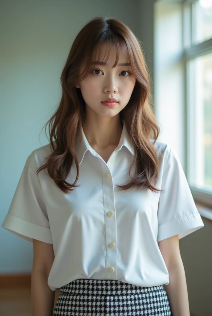 masterpiece, Highest quality, 8k, 20 years old beautiful girl, perfect Face、The clothes are big、photo shoot, Cute Face, Thighs, Bright classroom, (((Embarrassing)))、Embarrassing、No makeup, 10 generations, Detailed face, Background Blur、Tight waist、((((School uniforms、White shirt、Checked traight hair、Light brown hair、(((Please lift up your skirt sadly)))、Bright classroom、Thighs、((Apparently it's him'I am going to cry))、