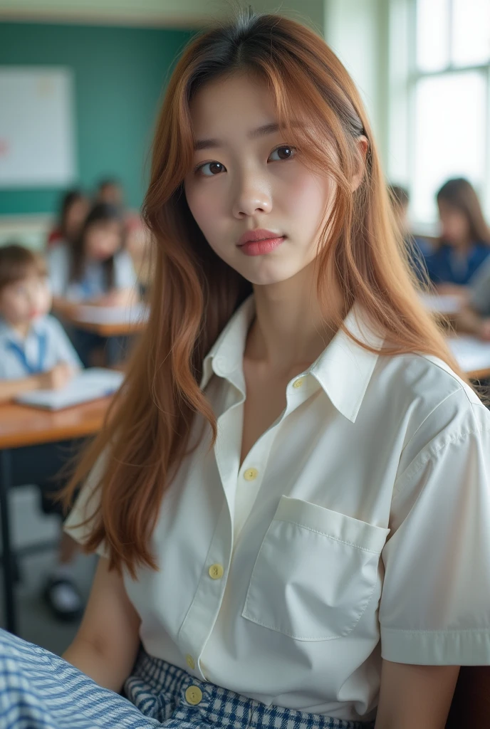 masterpiece, Highest quality, 8k, 20 years old beautiful girl, perfect Face、The clothes are big、photo shoot, Cute Face, Thighs, Bright classroom, (((Embarrassing)))、Embarrassing、No makeup, 10 generations, Detailed face, Background Blur、Tight waist、((((School uniforms、White shirt、Checked traight hair、Light brown hair、(((Please lift up your skirt sadly)))、Bright classroom、Thighs、((Apparently it's him'I am going to cry))、
