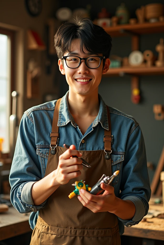 Create a photo of a young man with slanted eyes, yellow skin, black hair, and glasses, with various functions.,mechanic,carpenter,A famous handyman, nicknamed 'Pedreiro', is being exploited by his father while wearing black-framed glasses with clear lenses. He's skilled at making a thousand knick-knacks.