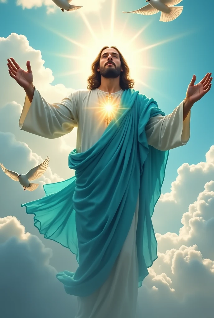 (photorealism:1.2), handsome Jesus Christ, depicting a figure of handsome Jesus Christ ascending to heaven that full of clouds and sorrounded of light at the center, wearing the aqua blue of the king clothes with light in his head and heart spreading all over, perfect five finger, handsome hair, outdoors, soft lighting, clouds and dove in the background, beautiful sunlight, paradise of clouds, relaxed pose, realistic, intricate details, bright colors,
