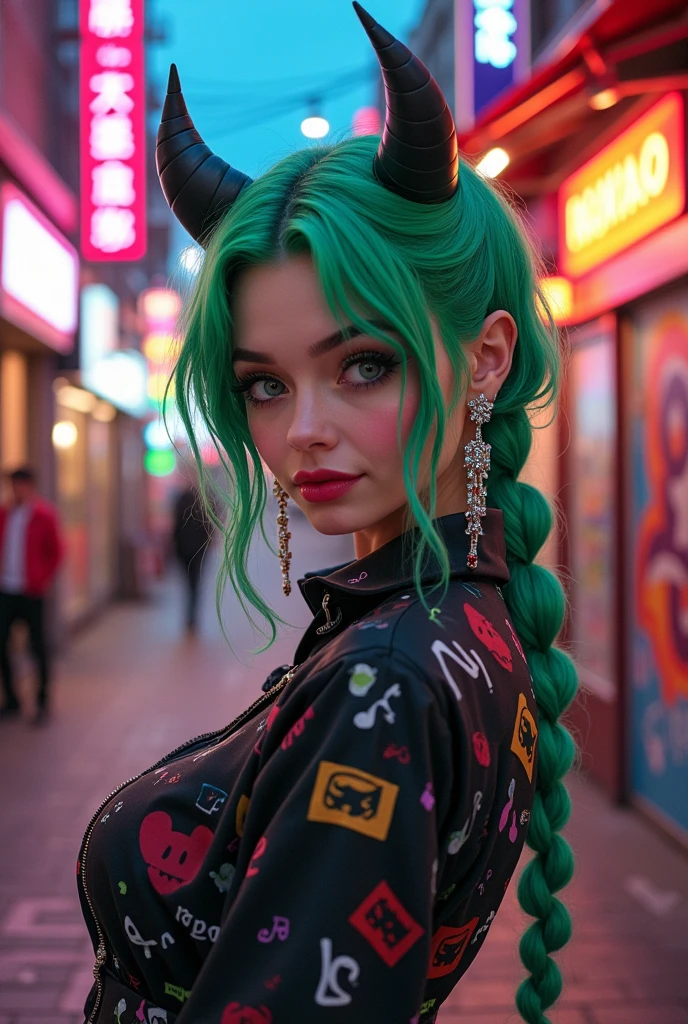 Create an image of Kuromi with green rapper braids. 